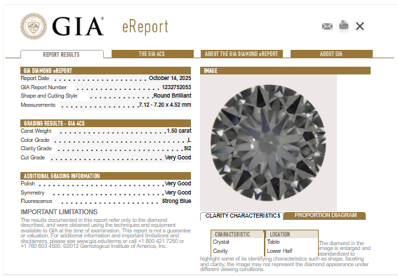 GIA 1.50 CT Natural Round Brilliant, L SI2
