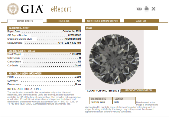 GIA 1.01 CT Natural Round Diamond, M, SI2