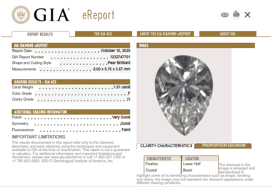 GIA 1.01 CT Natural Pear Diamond, F, I1