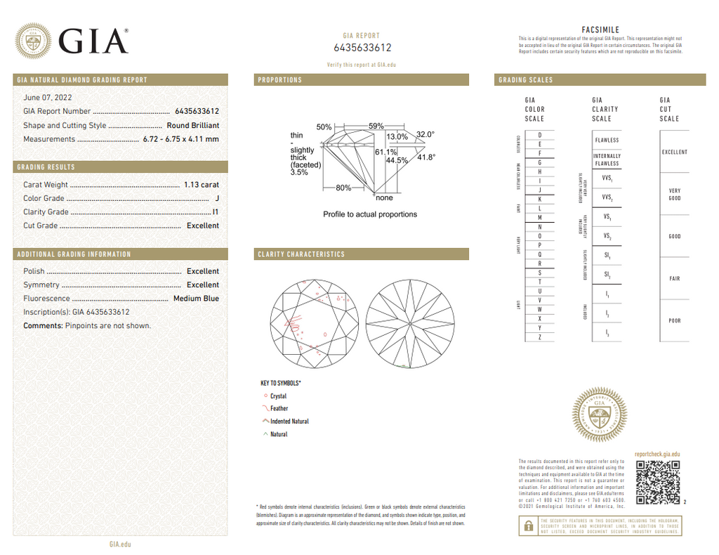 GIA 1.13 CT Natural Round Brilliant, J I1