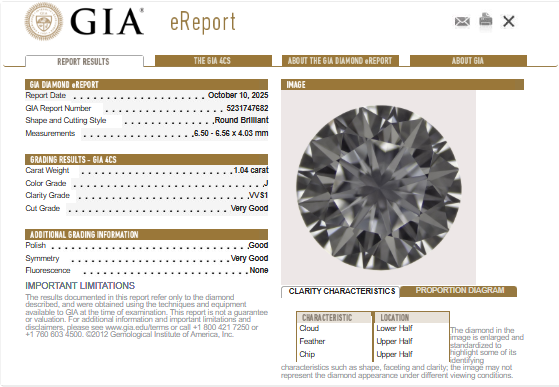 GIA 1.04 Natural Round Brilliant, J VVS1
