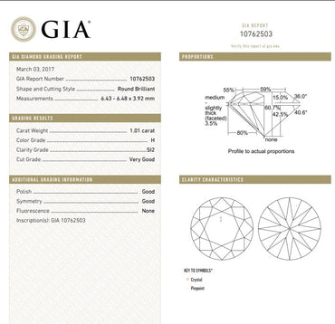 GIA 1.01 CT Round Diamond, H, SI2