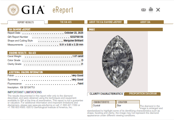 GIA 1.07 CT Natural Marquise Cut D I1