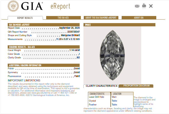 GIA 1.14 CT Natural Marquise I SI2 Drilled