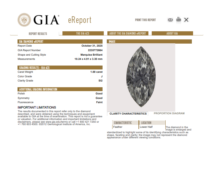 GIA Natural 1.00 CT Marquise Diamond, J, SI2