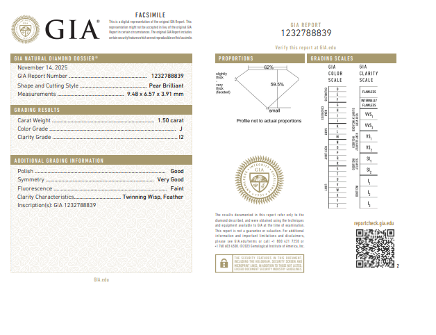 GIA 1.50 CT Natural Pear Shape J I2