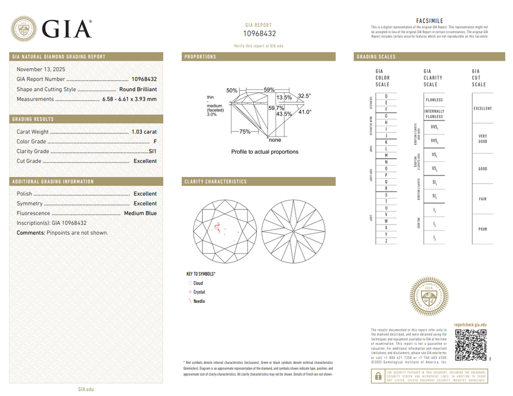 GIA 1.03 CT Natural Round Brilliant F SI1 EX EX EX