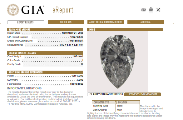 GIA 1.00 CT Natural Pear Brilliant I I2