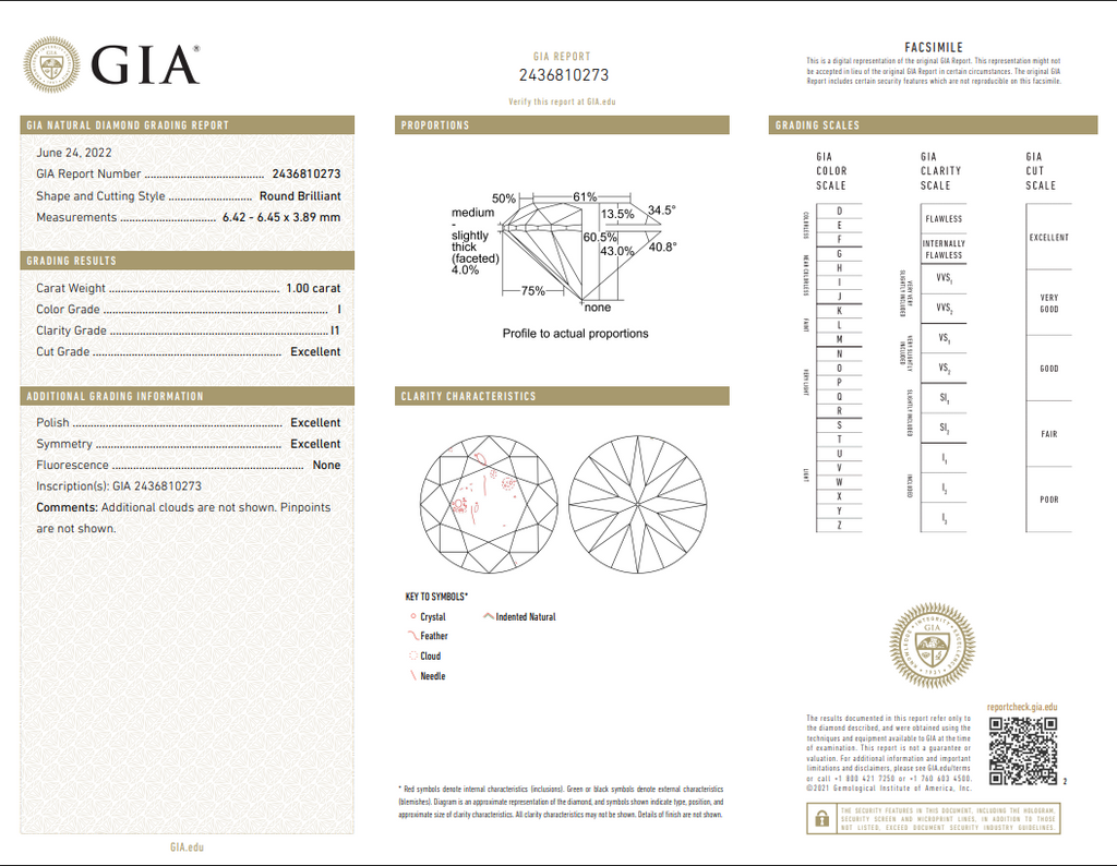 GIA 1.00 CT Natural Round Brilliant I I1 EX EX EX
