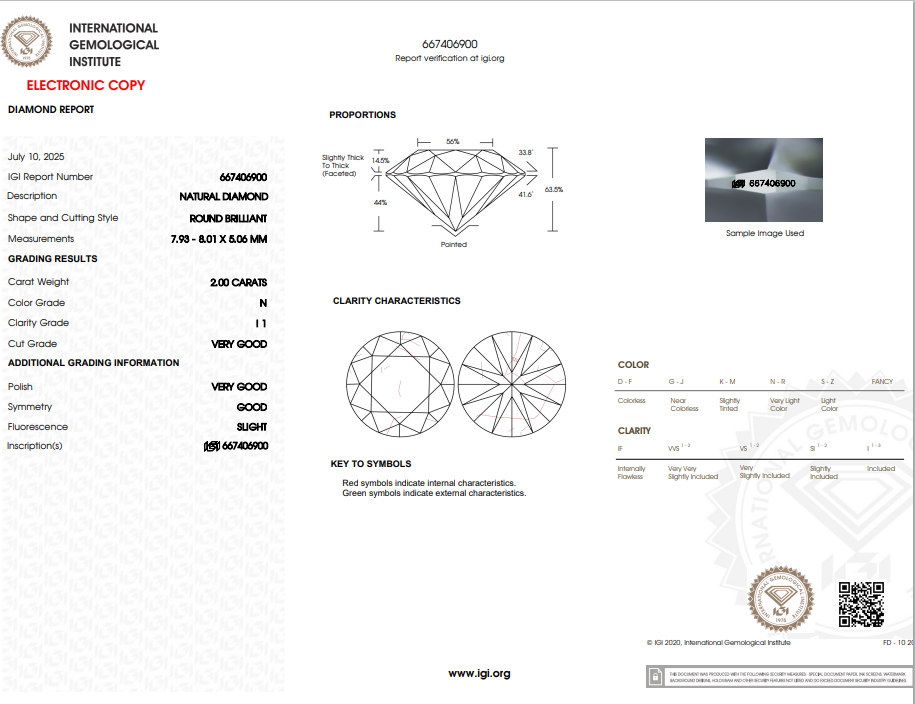 IGI 2.00 CT Natural Round Brilliant N I1