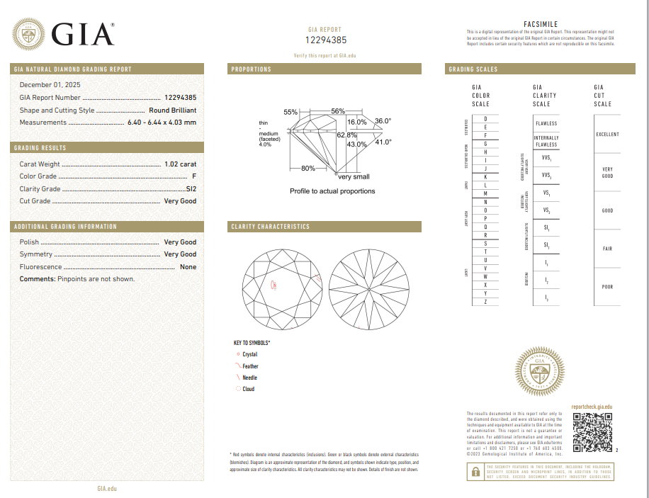 GIA 1.02 CT Natural Round Brilliant Cut F SI2 VG VG VG