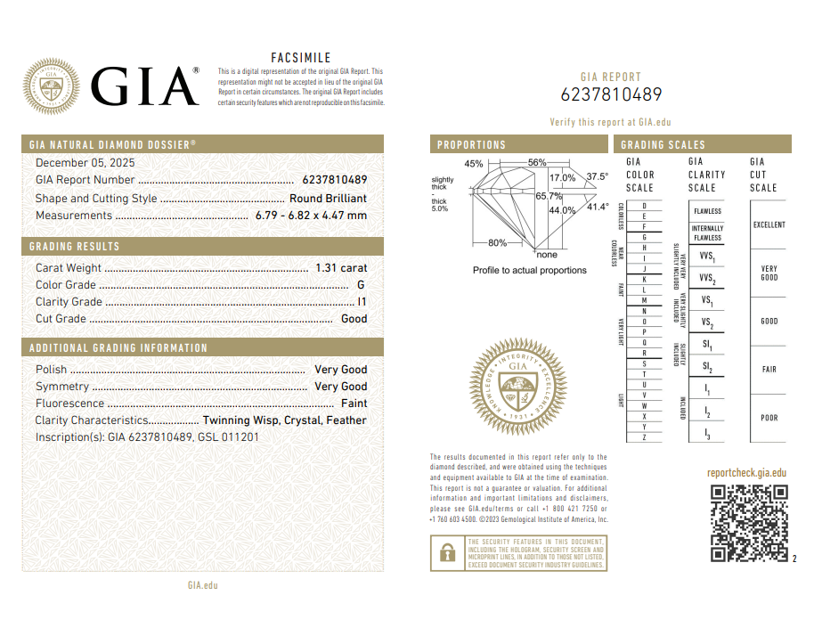 GIA 1.31 CT Natural Round Brilliant G I1