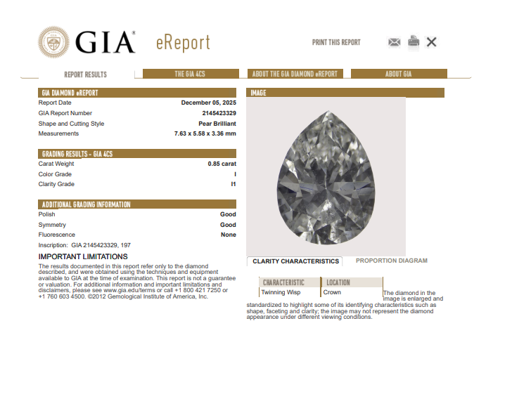 GIA 0.85 CT Natural Pear Cut I I1