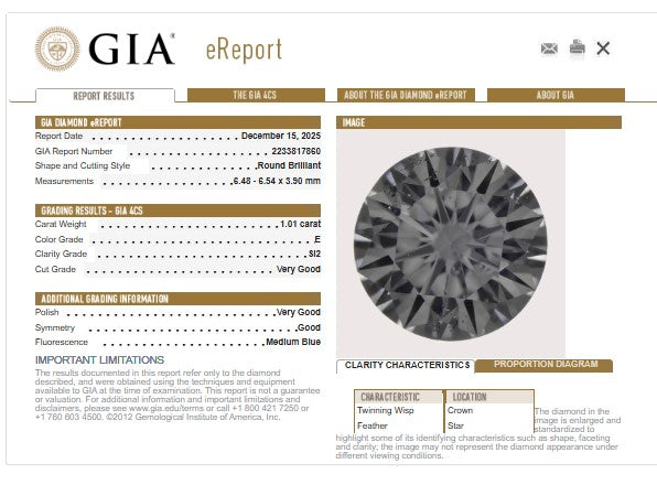 GIA 1.01 CT Round Diamond, E, SI2