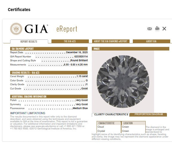 GIA 1.15 CT Round Diamond, G, I1