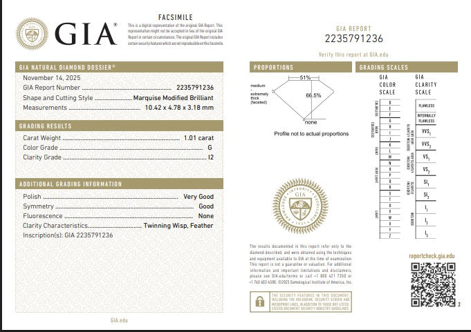 GIA 1.01 CT Marquise Loose Diamond, G, I2