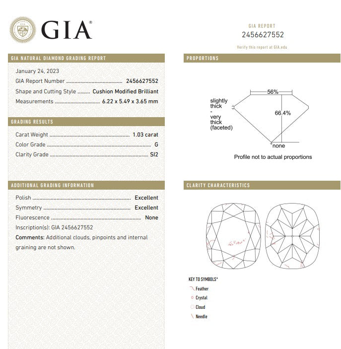 GIA 1.03 CT Cushion Modified Diamond, G, SI2