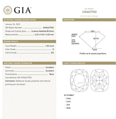 GIA 1.03 CT Cushion Modified Diamond, G, SI2