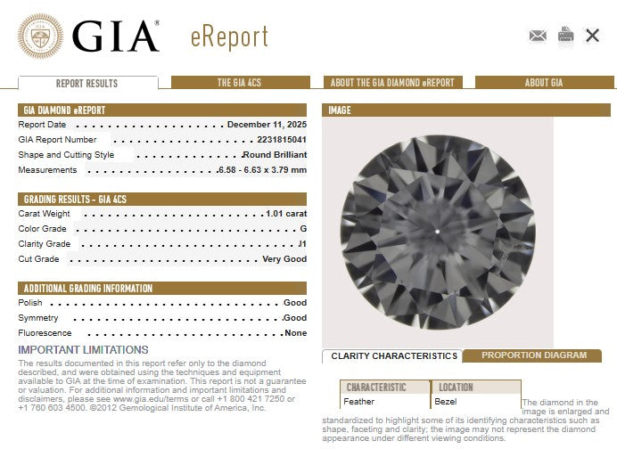 GIA 1.01 CT Round Diamond, G, I1