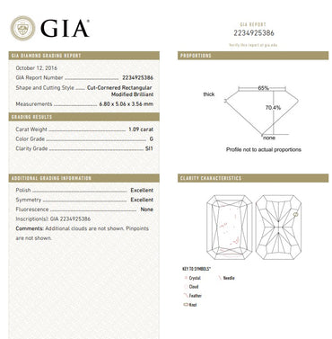 GIA 1.09 CT Radiant Diamond, G, SI1