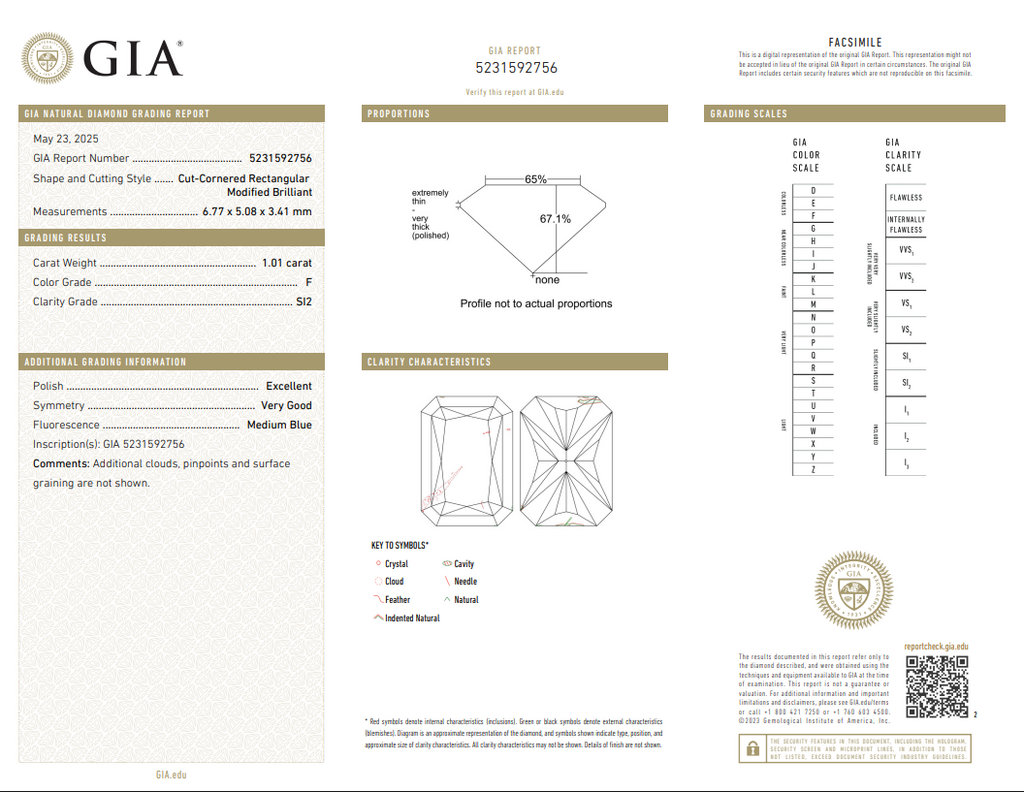 GIA 1.01 CT Natural Elongated Radiant F SI2