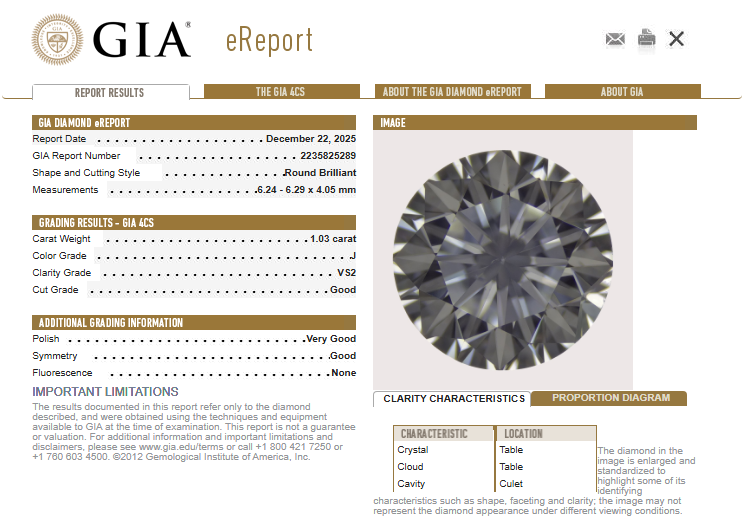 GIA 1.03 CT Round Diamond, J, VS2