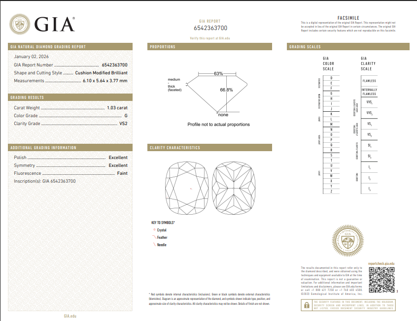 1.03 CT GIA Modified Cushion Cut Natural Diamond G VS XX