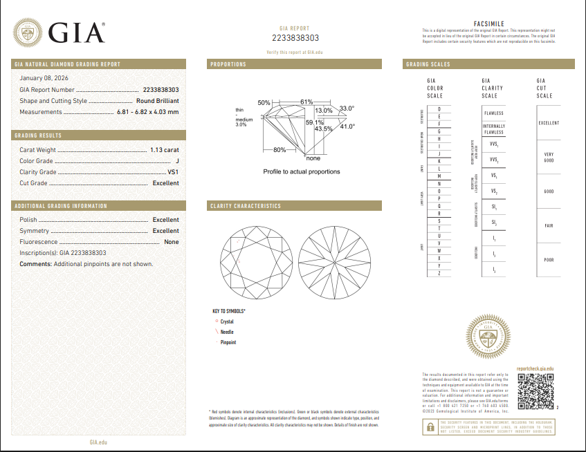 1.13 CT GIA Round Brilliant Cut Natural Diamond J VS1