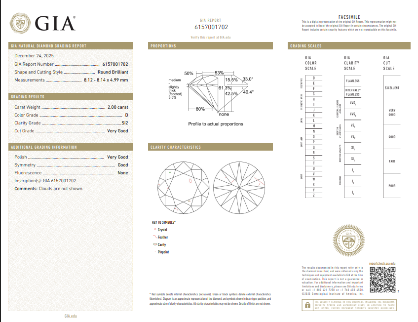 2.00 CT GIA Round Brilliant Cut Diamond D SI2