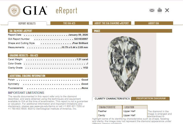 1.21 CT GIA Pear Cut Natural Diamond I VS2