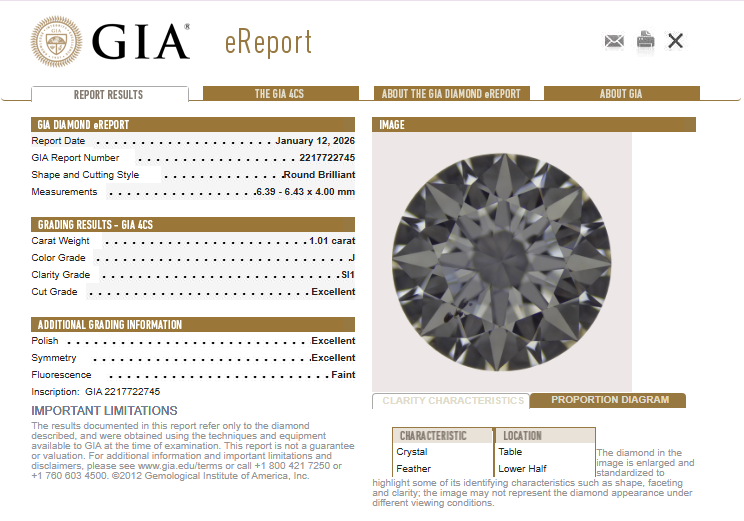 1.01 CT GIA Round Brilliant Cut Natural Diamond J SI1 XXX