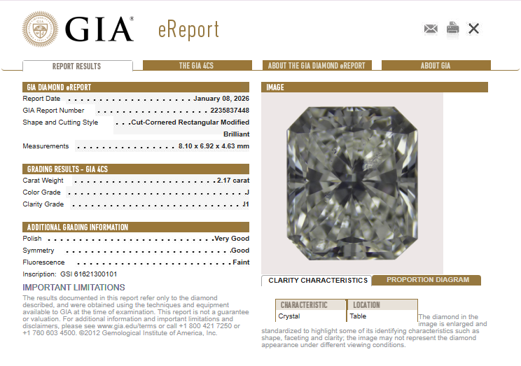 2.17 CT GIA Radiant Cut Natural Diamond J I1