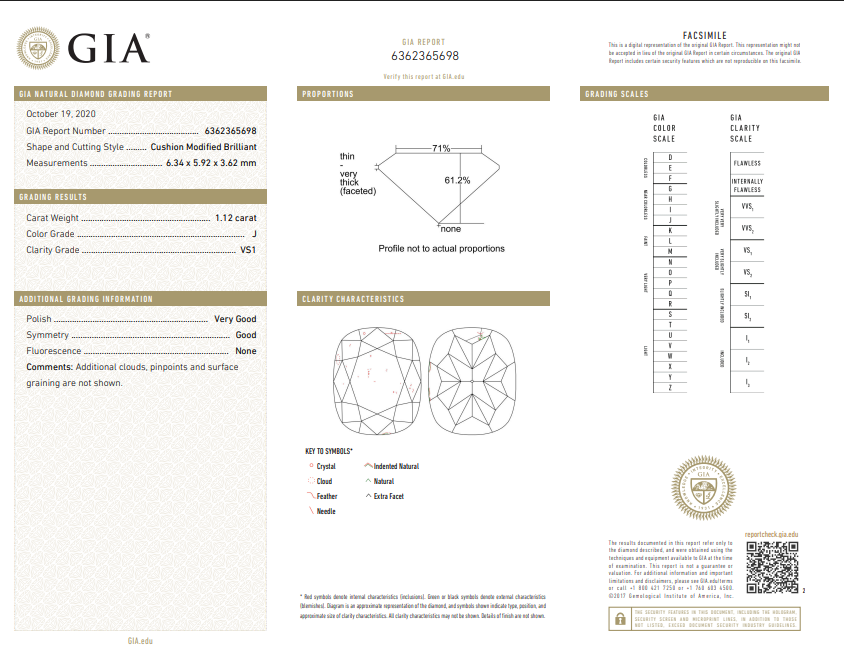 1.12 CT GIA Modified Cushion Cut Natural Diamond J VS1