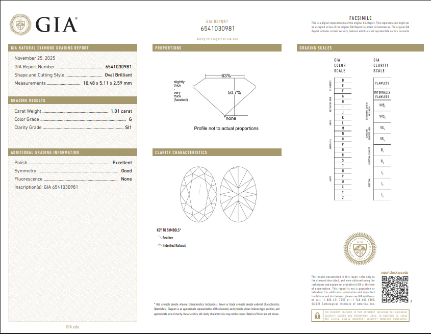1.01 CT GIA Brilliant Oval Cut Natural Diamond G SI1