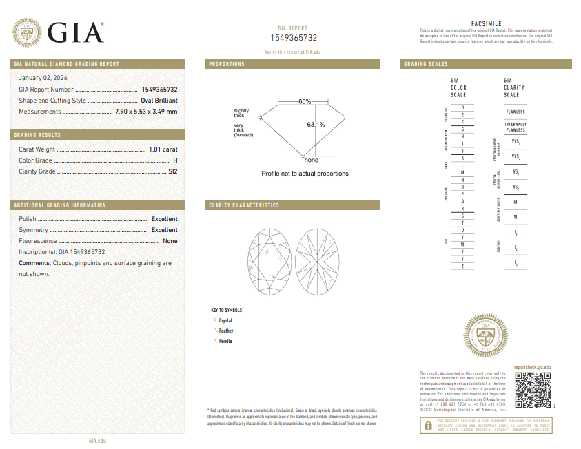 1.01 CT GIA Brilliant Oval Cut Natural Diamond  H SI2