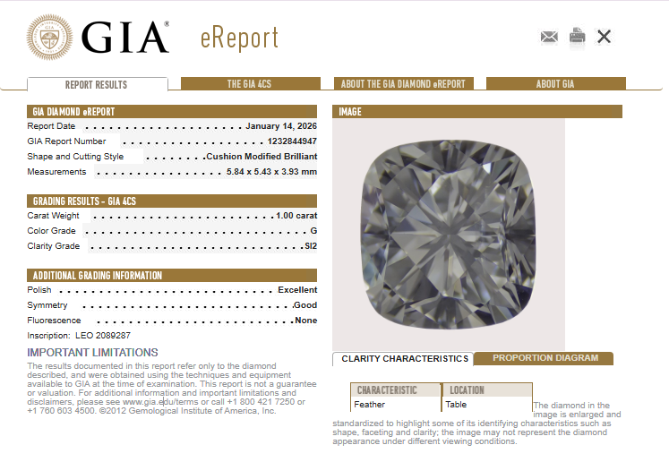 1.00 CT GIA Modified Leo Cushion Cut Natural Diamond G SI2