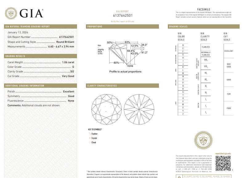 1.06 CT GIA Round Brilliant Cut Natural Diamond G SI2