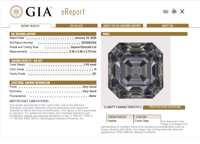 1.03 CT GIA Emerald Cut Natural Diamond H SI1