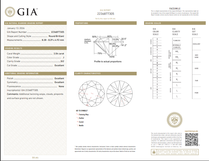 2.04 CT GIA Round Brilliant Cut Natural Diamond J SI2 XXX