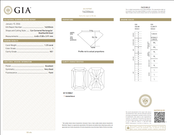 1.23 CT GIA Radiant Cut Natural Diamond I VS1