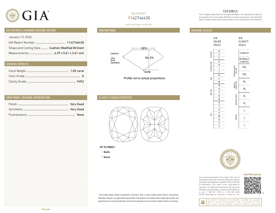 GIA 1.05 GIA Natural Cushion Cut G VVS2