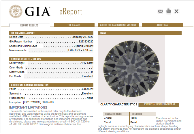 1.12 CT GIA Round Brilliant Natural Diamond I I1 XXX