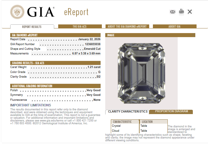 1.21 CT GIA Emerald Cut Natural Diamond G SI2