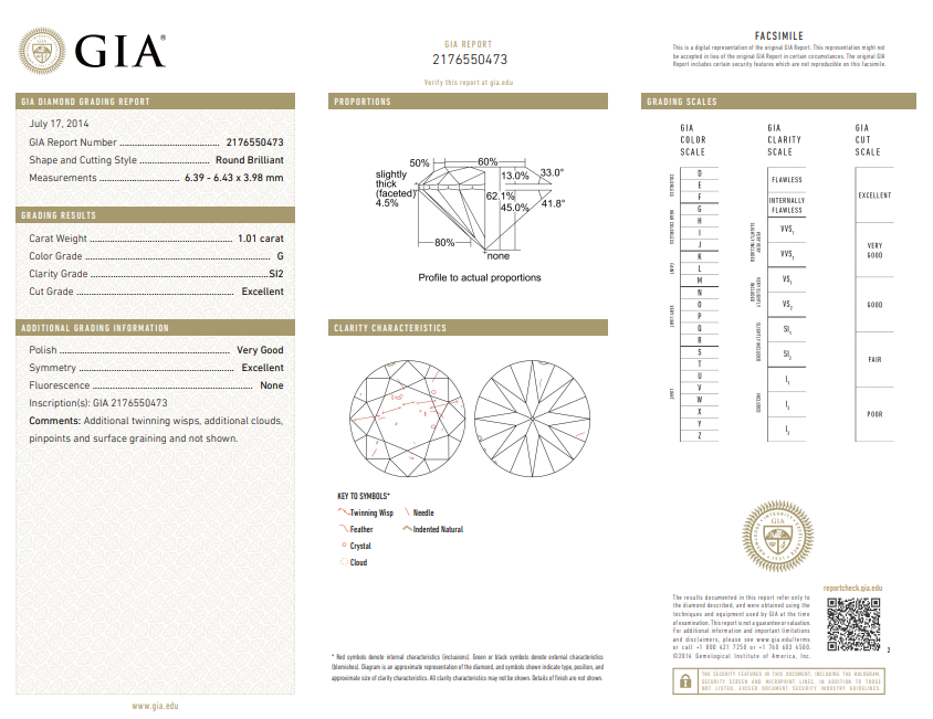 GIA 1.01 CT Natural Round Brilliant G SI2