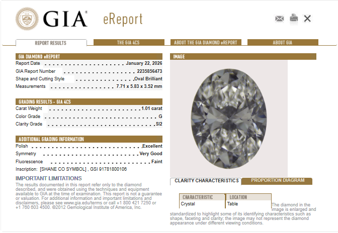 1.01 CT GIA Oval Cut Natural Diamond G SI2