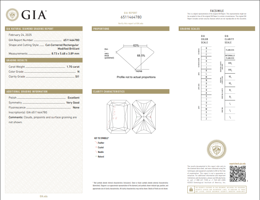 1.70 CT GIA Radiant Cut Natural Diamond N SI1