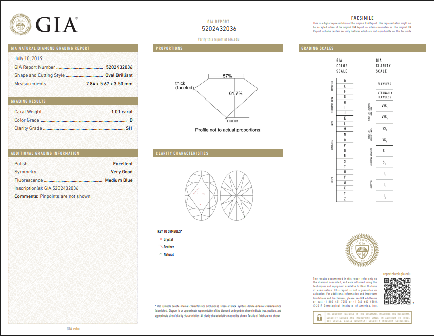 1.01 CT GIA Oval Cut Natural Diamond D SI1 EX VG