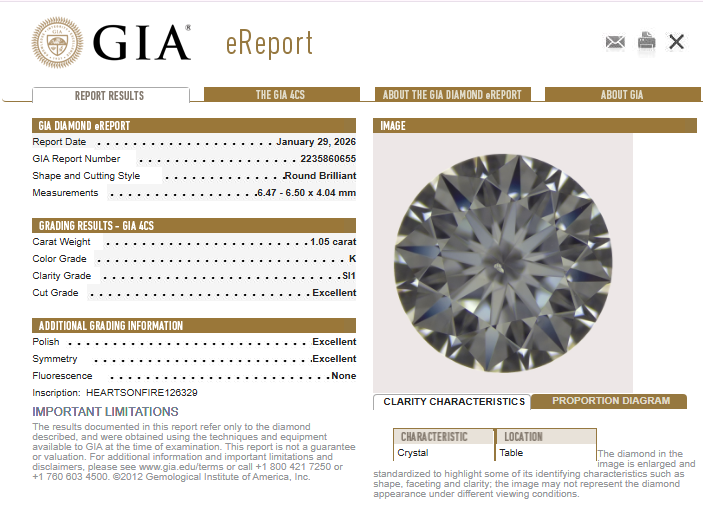 1.05 CT GIA Round Brilliant Natural Diamond K SI1 XXX