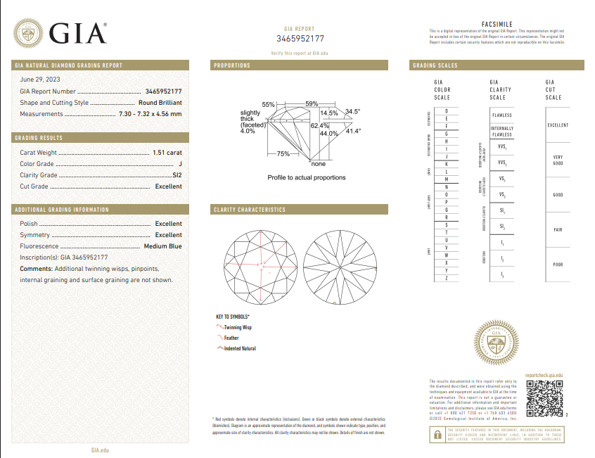 1.51 CT GIA Round Brilliant Natural Diamond J SI2 XXX