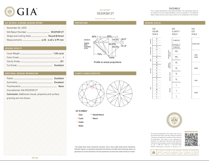 1.00 CT GIA Round Brilliant Natural Diamond I SI1 XXX